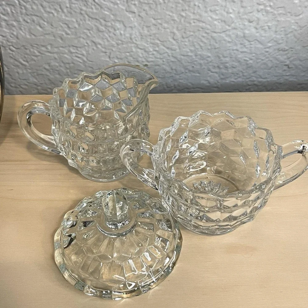 Vintage Fostoria American Cubist Pattern Clear Glass Creamer &‎ Sugar Set W/Lid